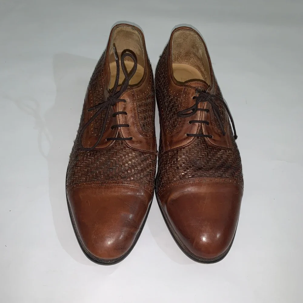 Johnston & Murphy Domani Shoes Mens 10.5 M Brown Woven Cap Toe Derby Dress Italy